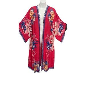 FLYING TOMATO Red Floral Kimono Cardigan Duster Top Cover-Up Boho SZ S/M